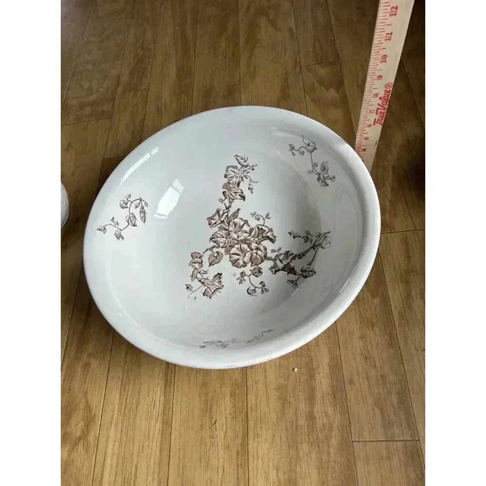 Antique Brown Transfer Ironstone Wash Bowl And Pitcher Morning Glory Pattern